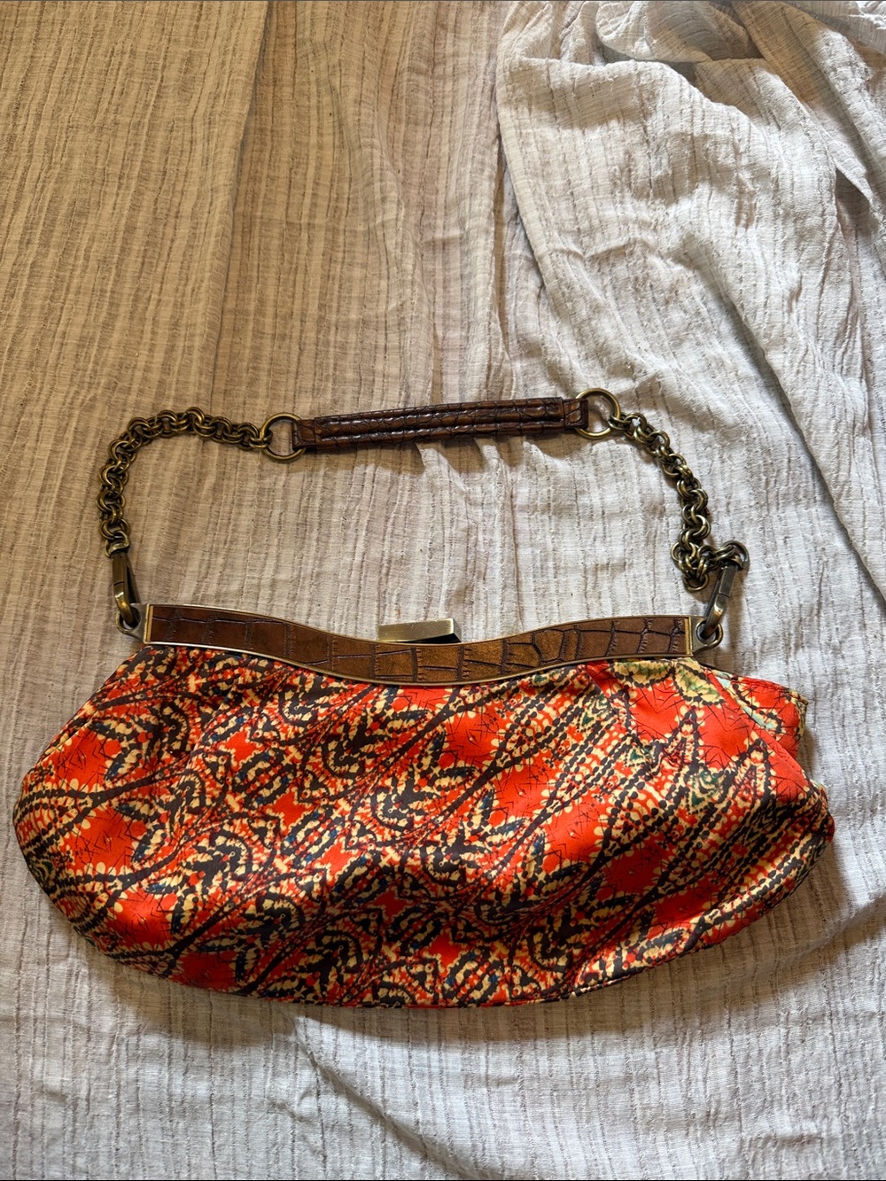 Patterned Orange Satin Clutch with Chain Handle